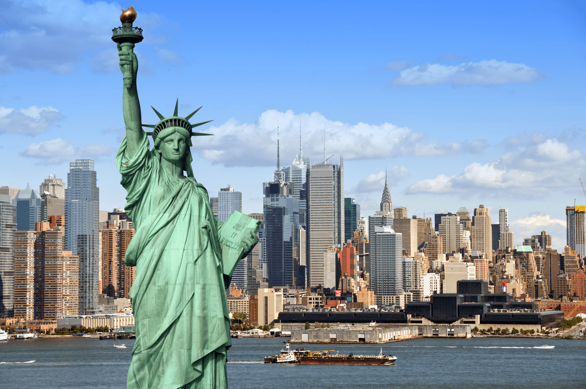 statue of liberty with new york city skyline in background