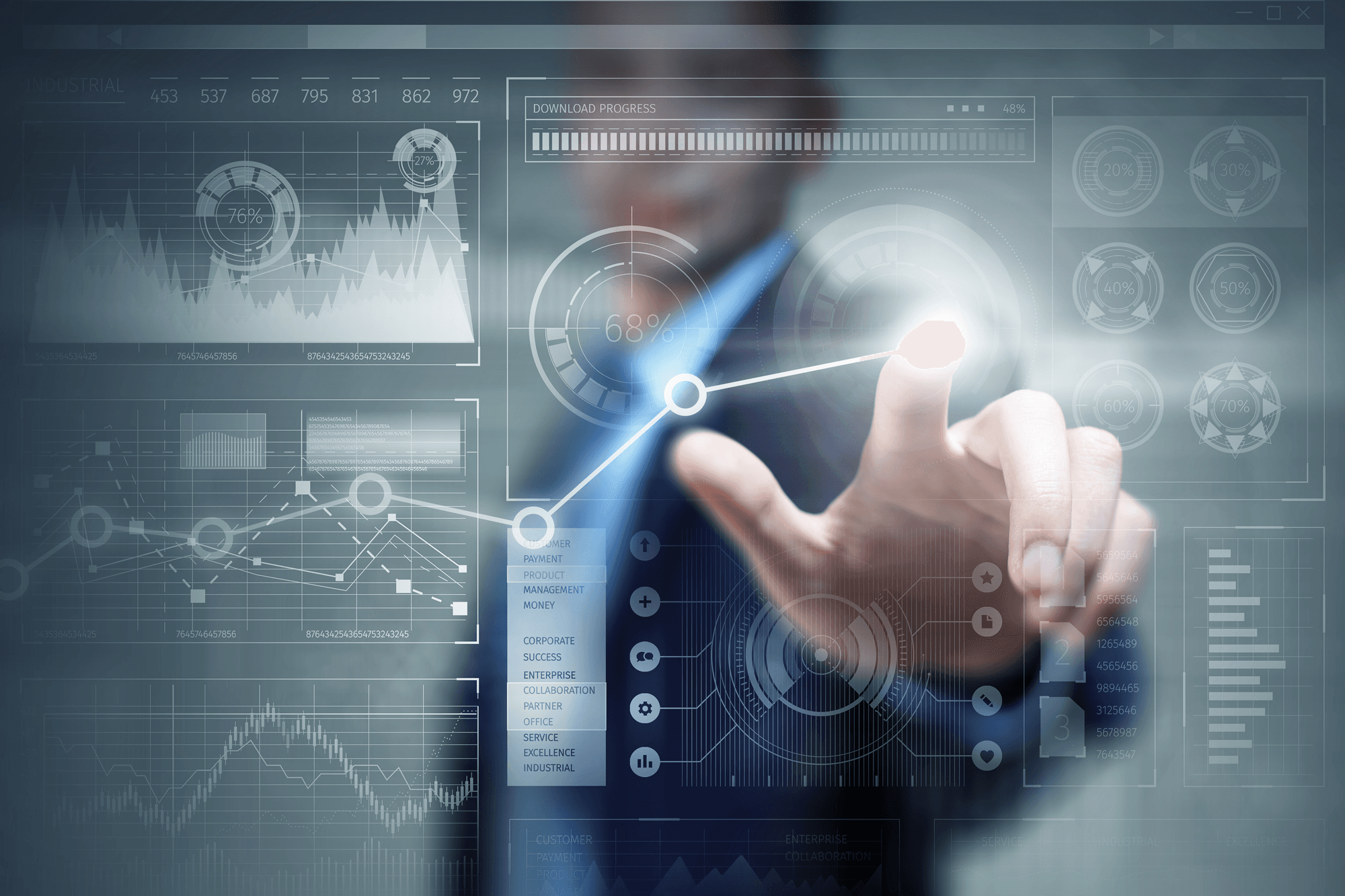 man in suit navigating a dashboard with statistics and graphs